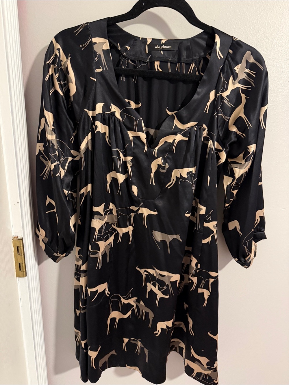 Ulla Johnson Black Tunic Dress with Beige Equestrian Print